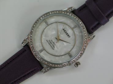 Akzent Damenuhr mit Kunstlederband, lila, Schmucksteinbesatz