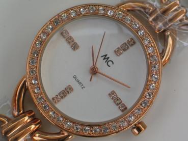 MC Damenuhr mit Schmucksteinbesatz und echt Leder/Metallband