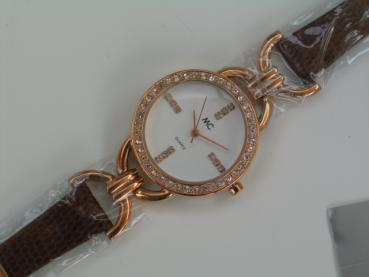 MC Damenuhr mit Schmucksteinbesatz und echt Leder/Metallband