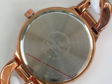 Q&Q Damenuhr mit Metallarmband, rosegold-weiß farben, Lünette mit Schmucksteinbesatz