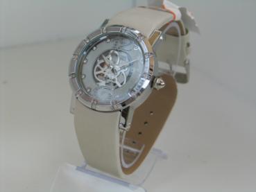 Attractive Damenuhr mit Kunstlederband, silberne Lünette mit Schmucksteinbesatz