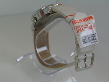 Attractive Damenuhr mit Kunstlederband, silberne Lünette mit Schmucksteinbesatz