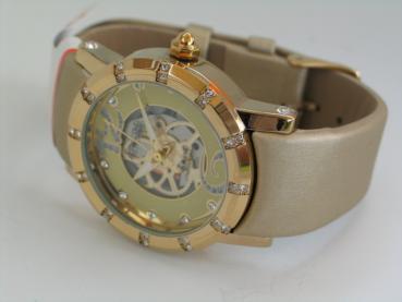 Attractive Damenuhr mit Kunstlederband, gelbgoldene Lünette mit Schmucksteinbesatz