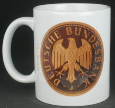 Preview: "1 DM in Gold" Kaffeebecher delgrey, 11 fl oz. Keramik weiß