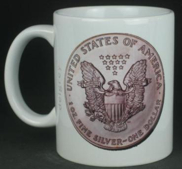 Preview: "American Eagle Silver" Kaffeebecher delgrey, 11 fl oz. Keramik weiß