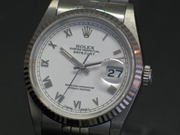 Preview: Rolex Datejust 36, White Roman Dial Weißgoldlünette Jubilee Armband, Ref. 16234