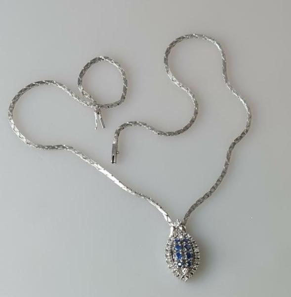 Edles Saphir/ Diamantcollier, 585er Weissgold, Länge 44,0 cm, Gewicht: 19,8g