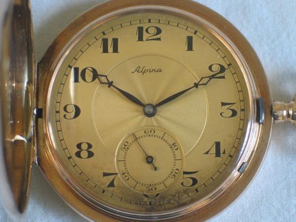 Sehr gut erhaltene Savonette Taschenuhr von Alpina, 585er Gold Gewicht: ca. 94,0g