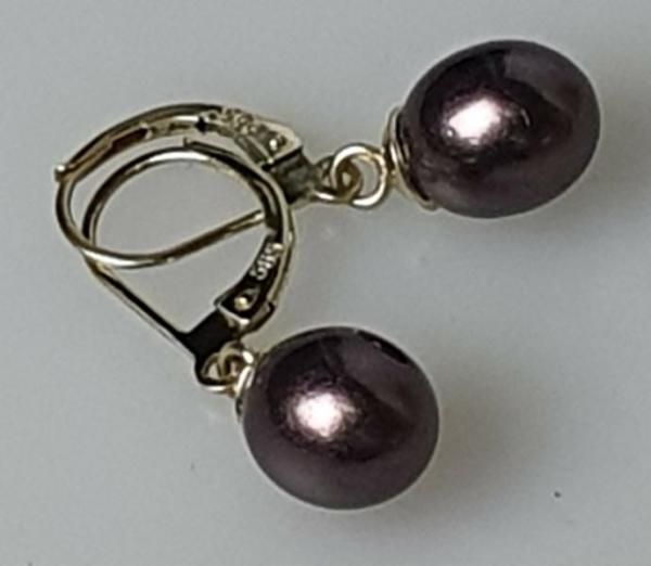 Perlenohrringe Birnenform Auberginefarben, 585er Gold, Gewicht: 3,1g