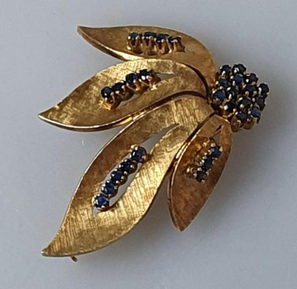 Vintage Brosche mit Saphirbesatz aus 750er Gold, Gewicht: 8,5g