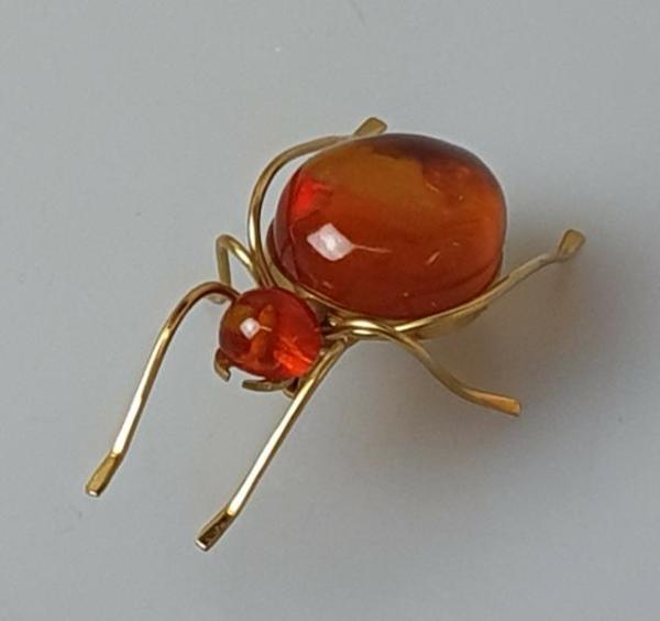 Vintage Bernstein Brosche "Ameise", 585er Gold, Gewicht: 5,8g