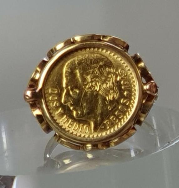Münzring "Dos i Medio Pesos - Mexiko" aus 585er und 900er Gold, Größe 54, Gewicht: 4,1g