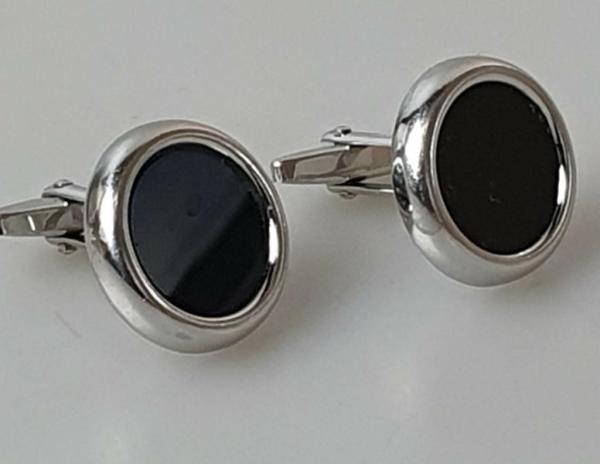 Runde Manschettenknöpfe / Cufflinks mit Onyx Schmuckstein 585 Weissgold, Gewicht: 12,9g