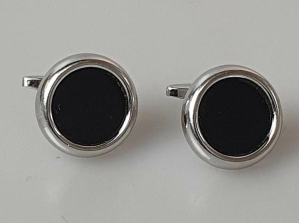 Runde Manschettenknöpfe / Cufflinks mit Onyx Schmuckstein 585 Weissgold, Gewicht: 12,9g