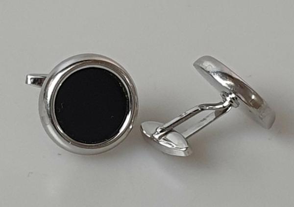 Runde Manschettenknöpfe / Cufflinks mit Onyx Schmuckstein 585 Weissgold, Gewicht: 12,9g
