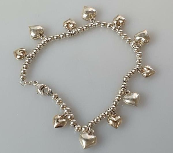 Silberperlen Armband mit Herzchen aus 925er Sterlingsilber, Länge 21,0 cm, Gewicht: 10,9g