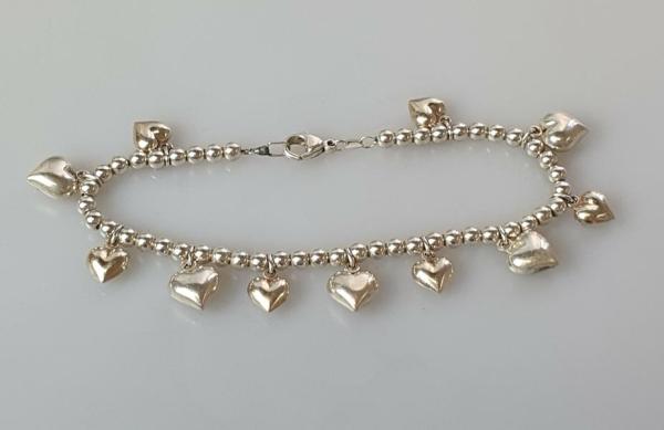 Silberperlen Armband mit Herzchen aus 925er Sterlingsilber, Länge 21,0 cm, Gewicht: 10,9g