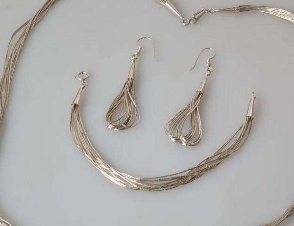 Silberfäden Halskette, Armband, Ohrhänger Schmuckset 925er Sterlingsilber