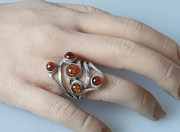 80er Jahre Vintage Bernsteinring aus 925er Sterlingsilber, Größe 59, Gewicht: 7,2g