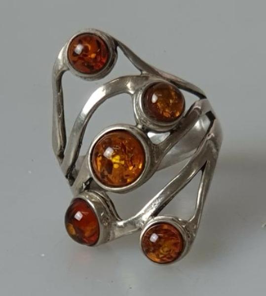80er Jahre Vintage Bernsteinring aus 925er Sterlingsilber, Größe 59, Gewicht: 7,2g
