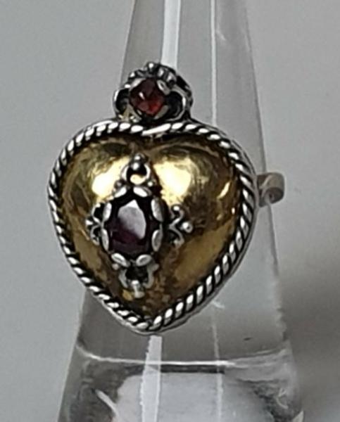 Vintage Trachtenschmuck Herzring mit Granat, teilvergoldet, 835er Silber, Größe 53, Gewicht: 7,6g