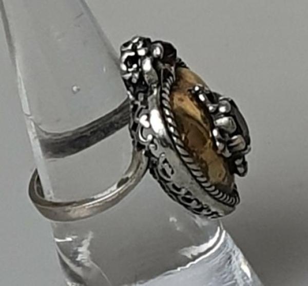 Vintage Trachtenschmuck Herzring mit Granat, teilvergoldet, 835er Silber, Größe 53, Gewicht: 7,6g