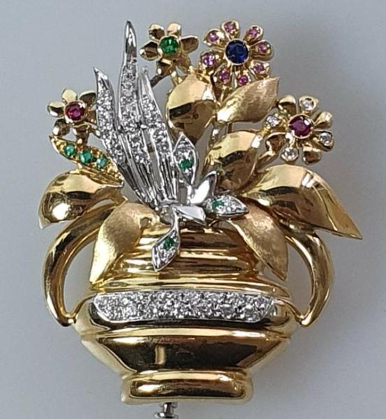 Handarbeit: Edelstein Brosche -Blumenkorb- Diamant, Rubin,Saphir,Smaragd 750er Gold, Gewicht: 19,8g