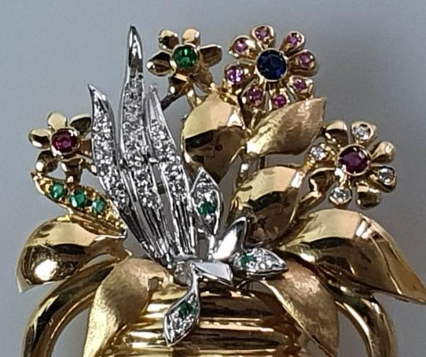 Handarbeit: Edelstein Brosche -Blumenkorb- Diamant, Rubin,Saphir,Smaragd 750er Gold, Gewicht: 19,8g