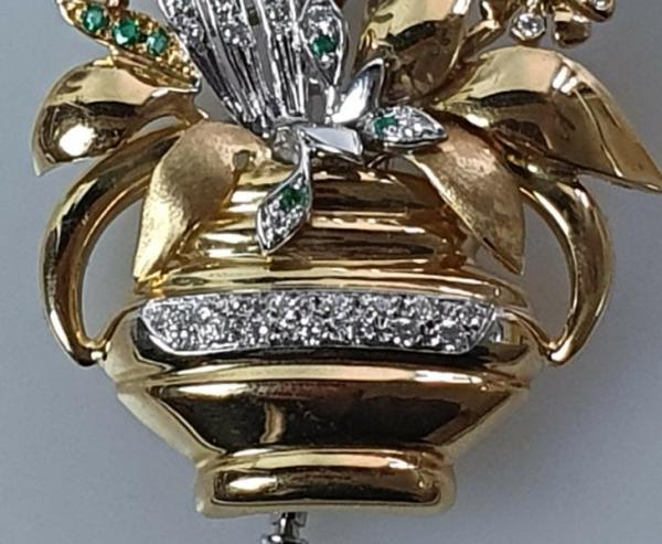 Handarbeit: Edelstein Brosche -Blumenkorb- Diamant, Rubin,Saphir,Smaragd 750er Gold, Gewicht: 19,8g