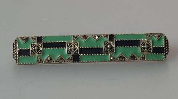 Vintage Brosche mit Emaille und Markasiten aus 935er Silber, Gewicht: 6,9g