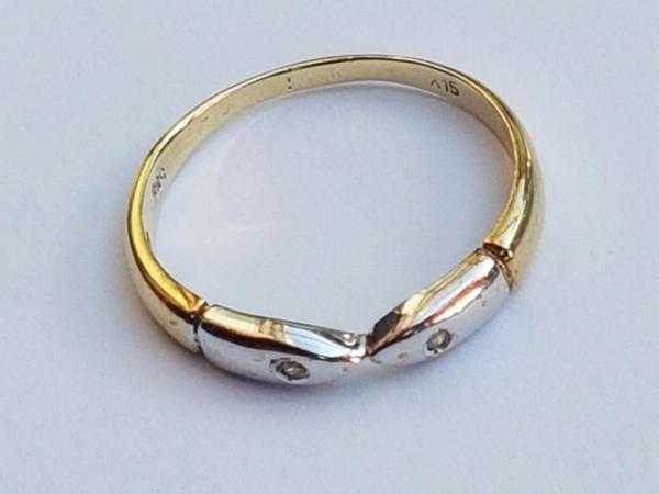 Bicolor Diamantring aus 585er Gold mit zwei Diamanten 0.02 ct., Größe 58, Gewicht: 2,0g