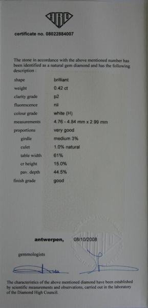 Diamant im Brillantschliff. 0.42 ct mit HRD Report