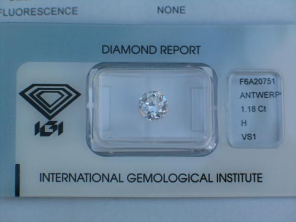 Diamant im Brillantschliff "H" 1.18 ct/ vs1 mit IGI Report