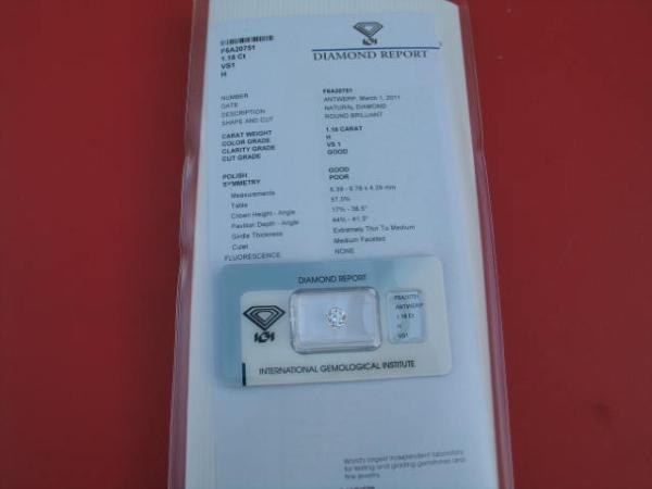 Diamant im Brillantschliff "H" 1.18 ct/ vs1 mit IGI Report