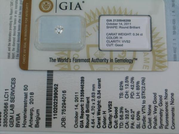 Diamant im Brillantschliff 0.34 ct/ "H" VVS2 mit GIA Report