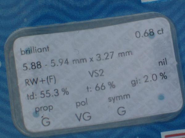 Diamant im Brillantschliff "F" 0.68 ct/ VS2 mit HRD Report