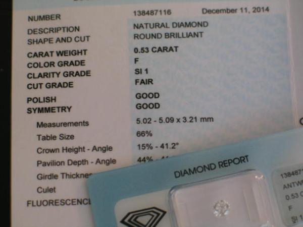 Diamant im Brillantschliff 0.53 ct/ F/ SI1/ F/ G/ G/ N mit IGI Report