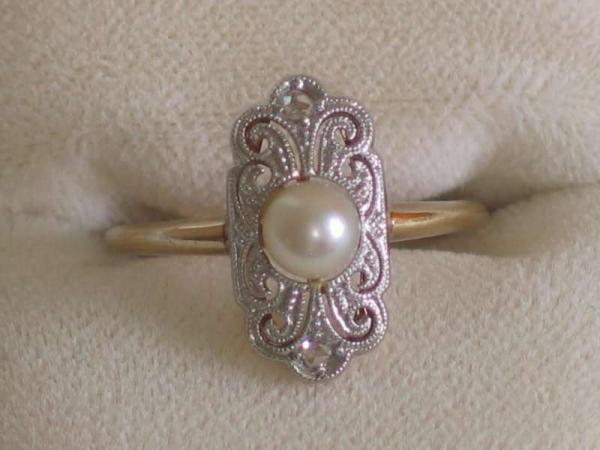 Art Deco Damenring Gold & Platin, mit zwei Diamanten und einer Perle, Größe 54, Gewicht:2,0g