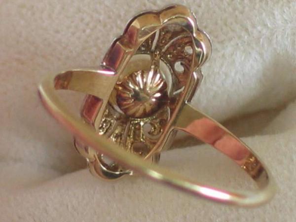 Art Deco Damenring Gold & Platin, mit zwei Diamanten und einer Perle, Größe 54, Gewicht:2,0g