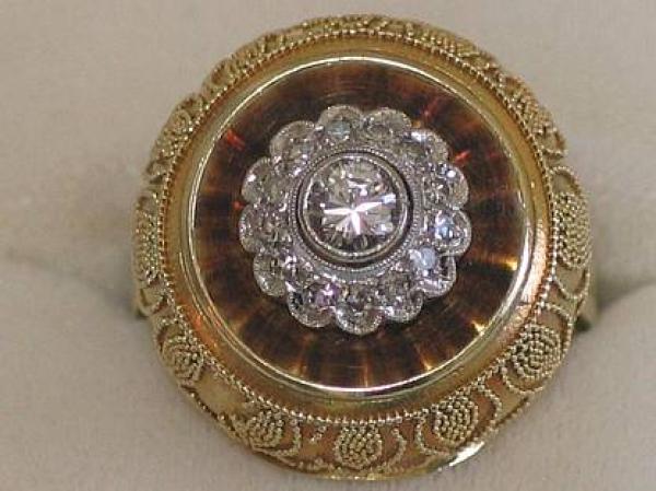 Antikschmuck: Diamantring 14 Diamanten 0.65 ct. 585er Gold, Größe 61, Gewicht: 11,3g