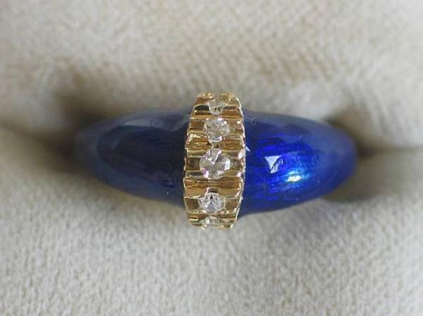 Ausgefallener Diamant / Emaille Ring aus 585er Gelbgold 0.15 ct. Größe 54, Gewicht: 5,1g