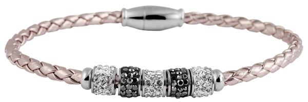 Akzent "Rondo" Geflochtenes Armband aus Echtleder in Bronze und Edelstahl mit Schmucksteinen