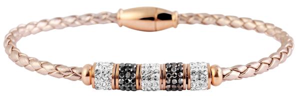Akzent "Rondo" Geflochtenes Armband aus Echtleder in Bronze und Edelstahl, rosegoldfarben mit Schmucksteinen