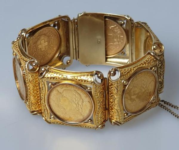 Vintage: "Vreneli" Münzarmband 585er Gold 6x 20 Franken SFRS Helvetia "Vreneli" 900er Gold