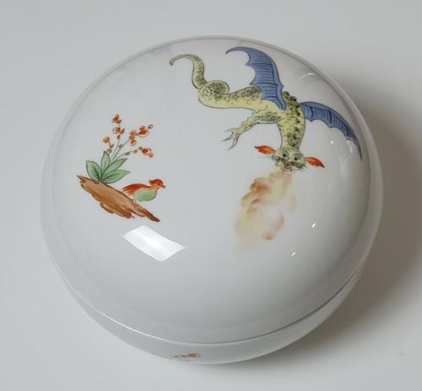 Vintage Meissen Deckeldose, rund, Drachen und Vogeldekor