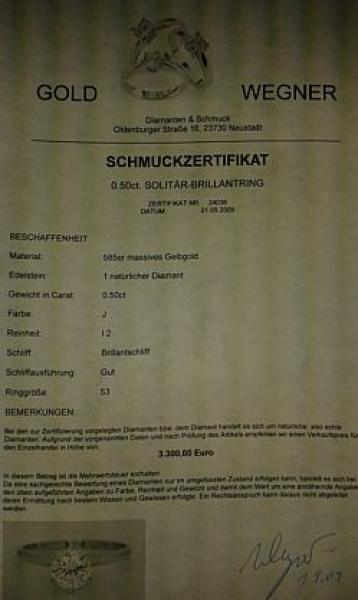 NEU Exclusiver Brillantsolitär mit 0.50 ct., 585er Gold Echtheitszertifikat, Größe 53