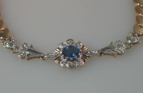 Saphir- Diamantarmband aus 585er Rotgold und Weißgold, Länge: 18,7 cm, Gewicht: 17g