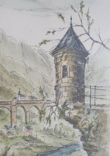 Farbzeichnung "Turm" von A. BAHC - Schätzpreis 120,- EUR
