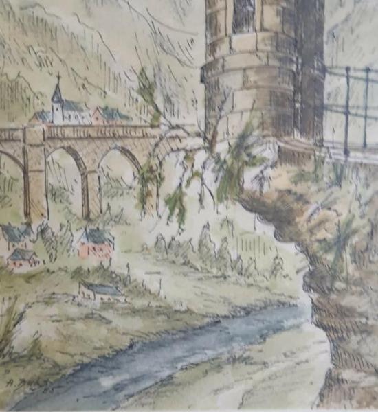 Farbzeichnung "Turm" von A. BAHC - Schätzpreis 120,- EUR