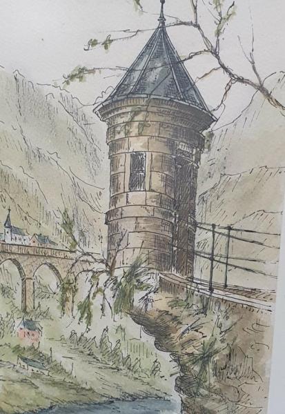 Farbzeichnung "Turm" von A. BAHC - Schätzpreis 120,- EUR